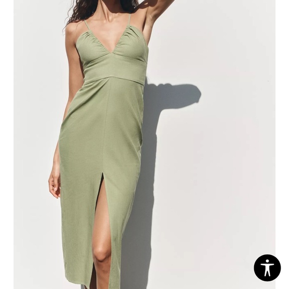 Zara Olive Green Linen Dress Strappy - Picture 2 of 10